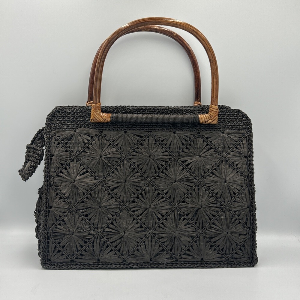 Woven Straw Raffia Jute Clutch Handbag Wooden Handles Black Geometric Boho Beach